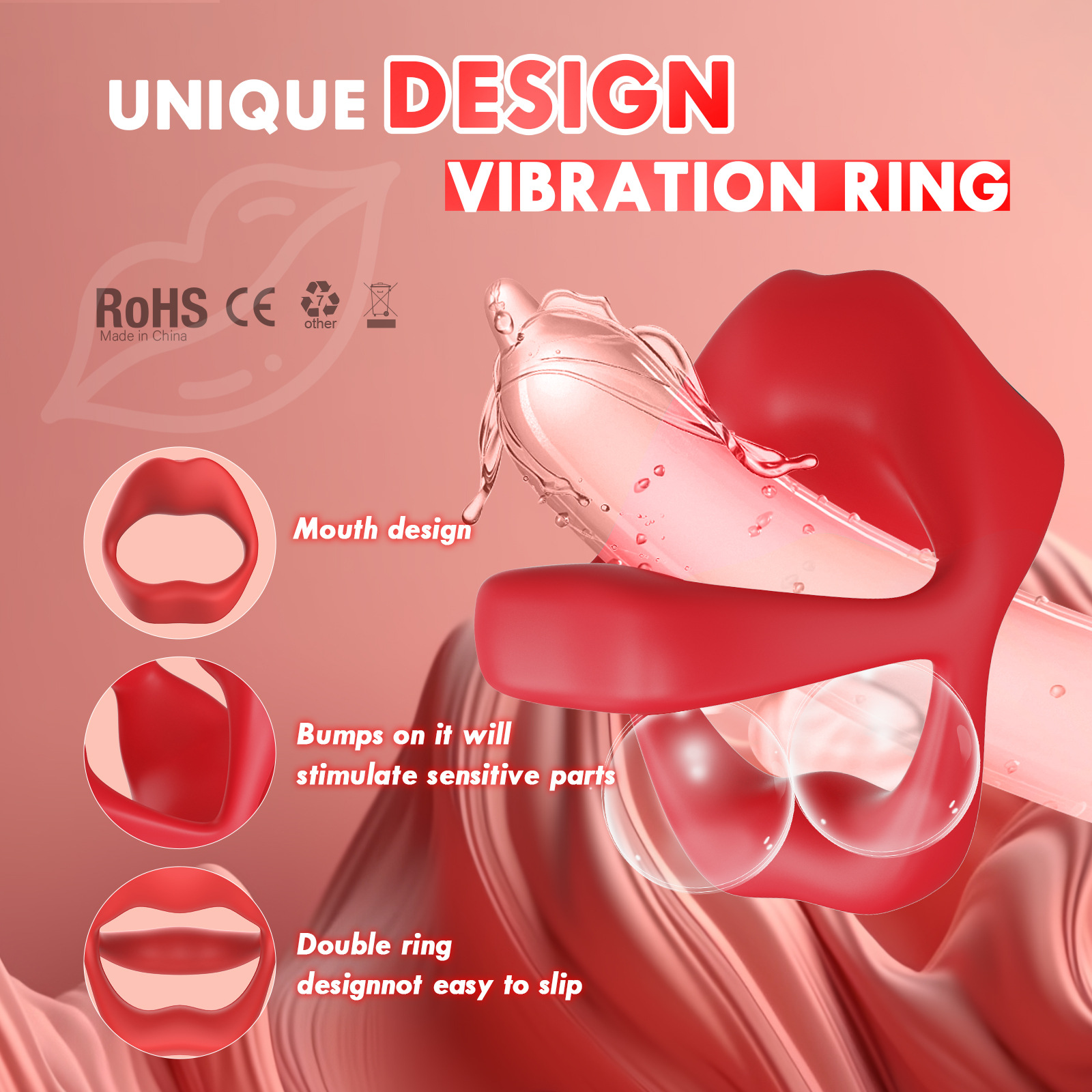 RS-M136 Penis Vibrator Cock Ring Red Lip Penis Lock Ring with APP Remote Control 9 Vibration Modes for Male Sex Fun
