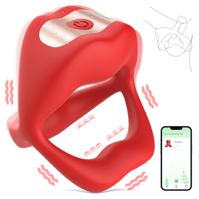 RS-M136 Penis Vibrator Cock Ring Red Lip Penis Lock Ring with APP Remote Control 9 Vibration Modes for Male Sex Fun