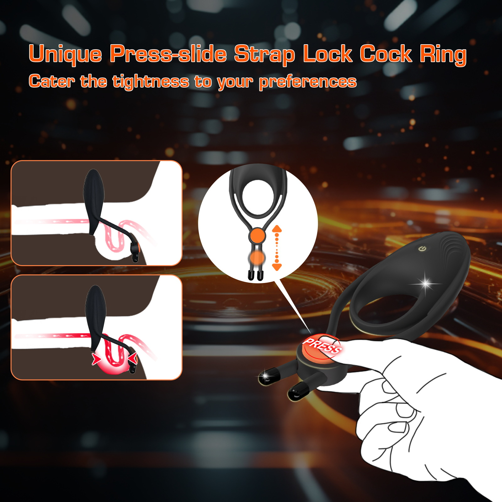 RS-M135 Adjustable Lock Ring Unique Press-slide Strap lock Cock Ring 10 Vibration Sex Toys for Men